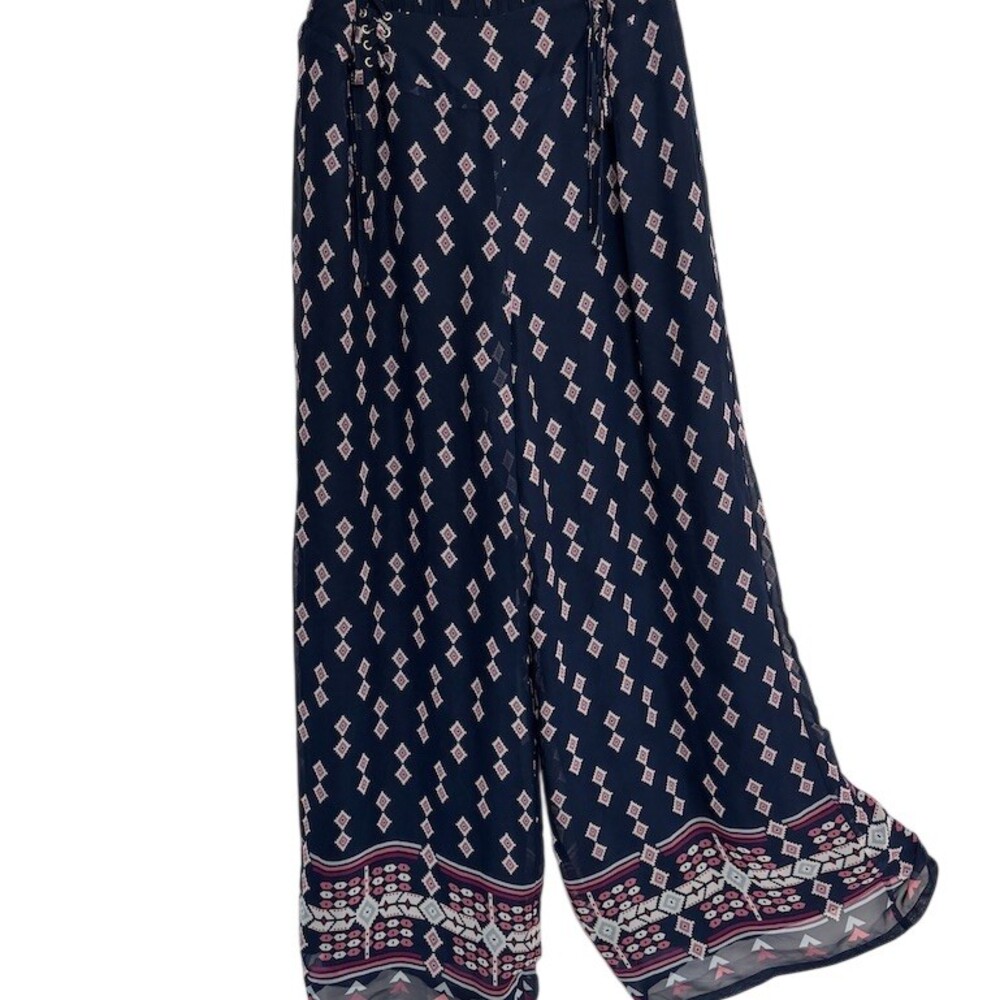 Cato Palazzo Pants Womens Size L Navy Blue Geometric Print Wide Leg Boho